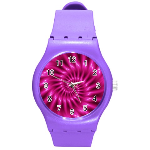 Glossy Hot Pink Fractal Spiral Round Plastic Sport Watch (M) from ArtsNow.com Front