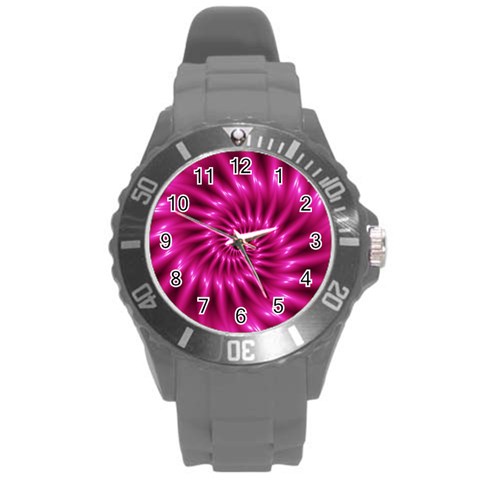 Glossy Hot Pink Fractal Spiral Round Plastic Sport Watch (L) from ArtsNow.com Front