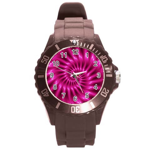 Glossy Hot Pink Fractal Spiral Round Plastic Sport Watch (L) from ArtsNow.com Front