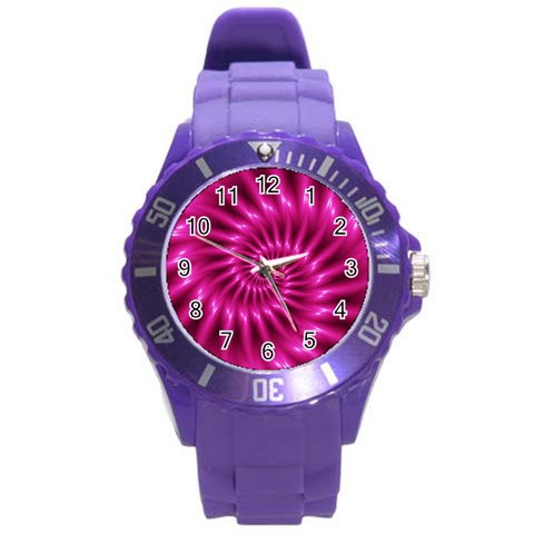 Glossy Hot Pink Fractal Spiral Round Plastic Sport Watch (L) from ArtsNow.com Front