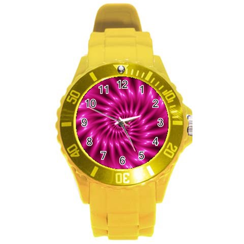 Glossy Hot Pink Fractal Spiral Round Plastic Sport Watch (L) from ArtsNow.com Front