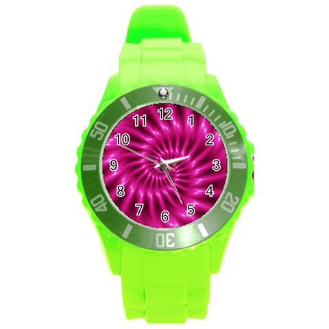 Glossy Hot Pink Fractal Spiral Round Plastic Sport Watch (L) from ArtsNow.com Front