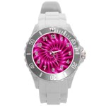 Glossy Hot Pink Fractal Spiral Round Plastic Sport Watch (L)