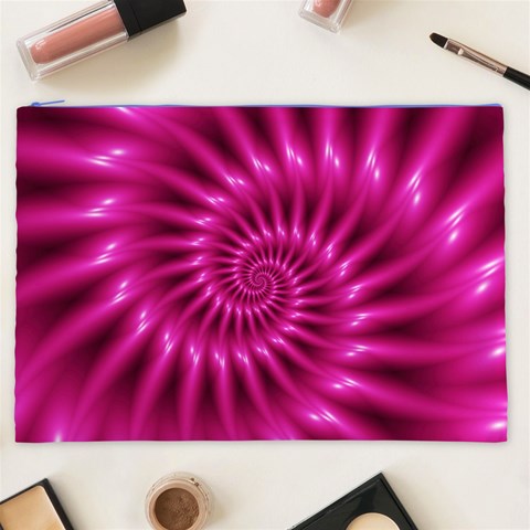 Glossy Hot Pink Fractal Spiral Cosmetic Bag (XXL) from ArtsNow.com Front