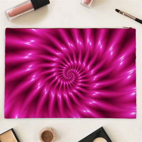 Glossy Hot Pink Fractal Spiral Cosmetic Bag (XXL) from ArtsNow.com Back