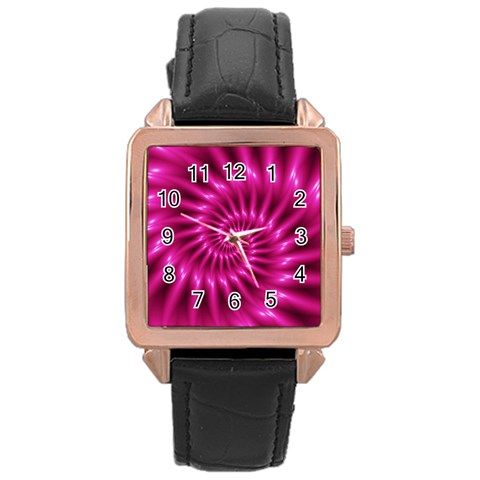 Glossy Hot Pink Fractal Spiral Rose Gold Leather Watch  from ArtsNow.com Front