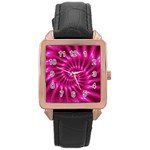 Glossy Hot Pink Fractal Spiral Rose Gold Leather Watch 