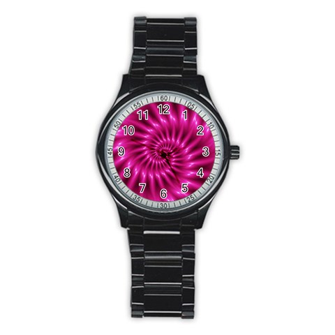 Glossy Hot Pink Fractal Spiral Stainless Steel Round Watch from ArtsNow.com Front