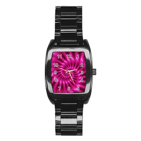 Glossy Hot Pink Fractal Spiral Stainless Steel Barrel Watch from ArtsNow.com Front