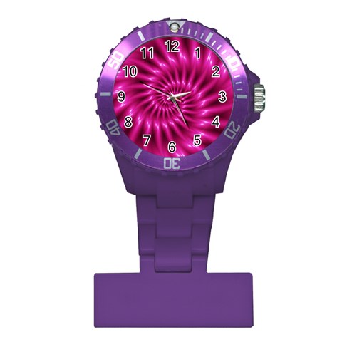 Glossy Hot Pink Fractal Spiral Plastic Nurses Watch from ArtsNow.com Front