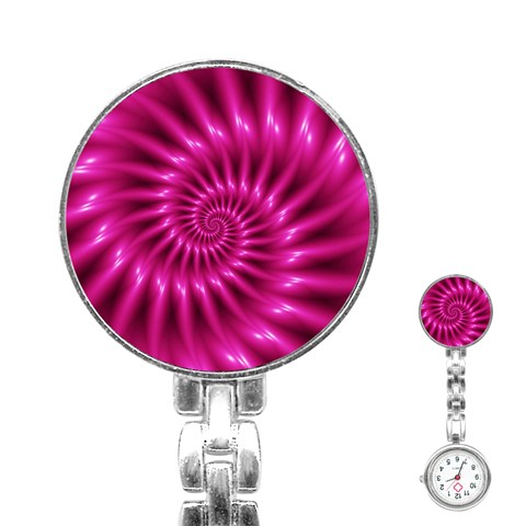 Glossy Hot Pink Fractal Spiral Stainless Steel Nurses Watch from ArtsNow.com Front