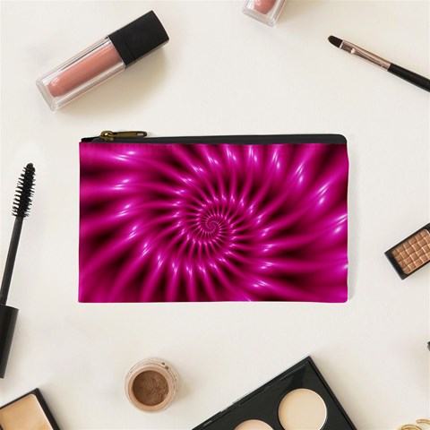 Glossy Hot Pink Fractal Spiral Cosmetic Bag (XS) from ArtsNow.com Front