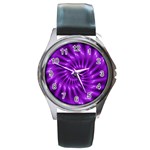 Glossy Bright Purple Fractal Spiral  Round Metal Watch