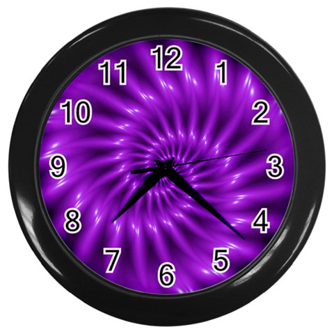 Glossy Bright Purple Fractal Spiral  Wall Clock (Black) from ArtsNow.com Front