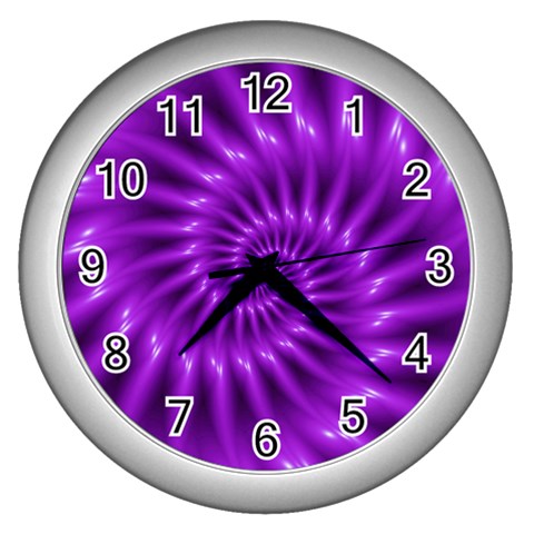 Glossy Bright Purple Fractal Spiral  Wall Clock (Silver) from ArtsNow.com Front