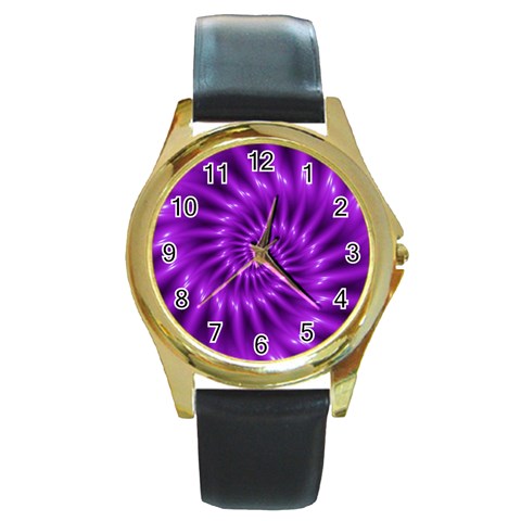 Glossy Bright Purple Fractal Spiral  Round Gold Metal Watch from ArtsNow.com Front