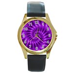 Glossy Bright Purple Fractal Spiral  Round Gold Metal Watch