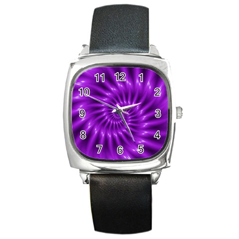 Glossy Bright Purple Fractal Spiral  Square Metal Watch from ArtsNow.com Front