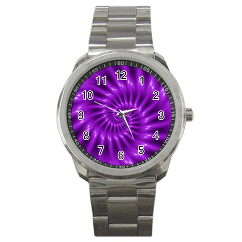 Glossy Bright Purple Fractal Spiral  Sport Metal Watch from ArtsNow.com Front