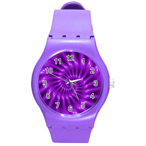 Glossy Bright Purple Fractal Spiral  Round Plastic Sport Watch (M) from ArtsNow.com Front