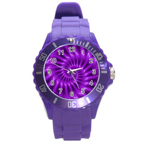 Glossy Bright Purple Fractal Spiral  Round Plastic Sport Watch (L) from ArtsNow.com Front