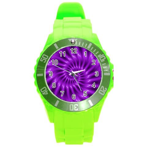 Glossy Bright Purple Fractal Spiral  Round Plastic Sport Watch (L) from ArtsNow.com Front