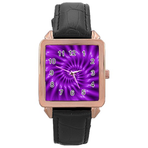 Glossy Bright Purple Fractal Spiral  Rose Gold Leather Watch  from ArtsNow.com Front