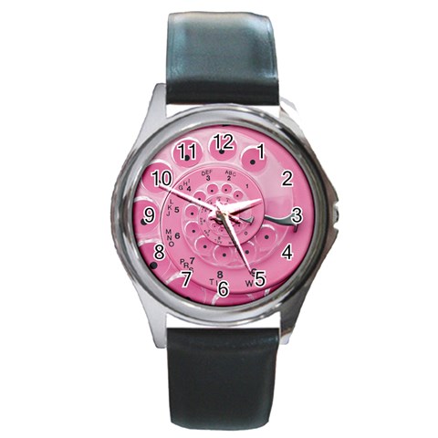 Retro Vintage Pink Rotary Dial Spiral Droste Round Metal Watch from ArtsNow.com Front