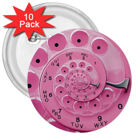 Retro Vintage Pink Rotary Dial Spiral Droste 3  Button (10 pack) from ArtsNow.com Front