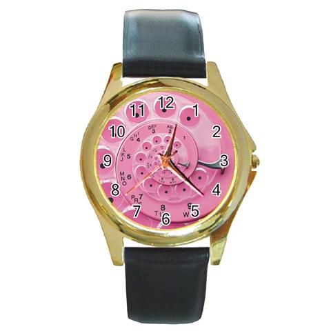 Retro Vintage Pink Rotary Dial Spiral Droste Round Gold Metal Watch from ArtsNow.com Front