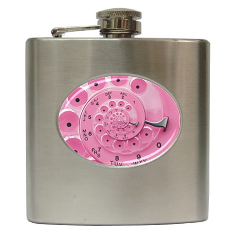 Retro Vintage Pink Rotary Dial Spiral Droste Hip Flask (6 oz) from ArtsNow.com Front