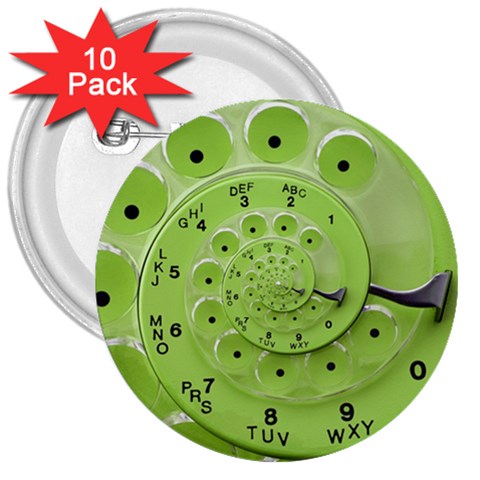 Retro Vintage Green Rotary Dial Spiral Droste 3  Button (10 pack) from ArtsNow.com Front