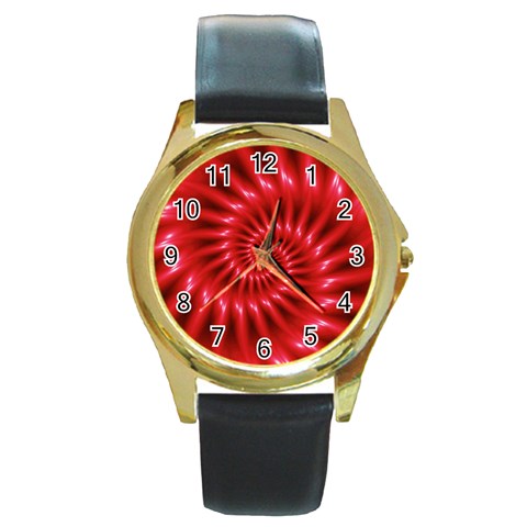 Glossy Red Spiral Fractal Round Gold Metal Watch from ArtsNow.com Front