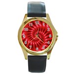 Glossy Red Spiral Fractal Round Gold Metal Watch