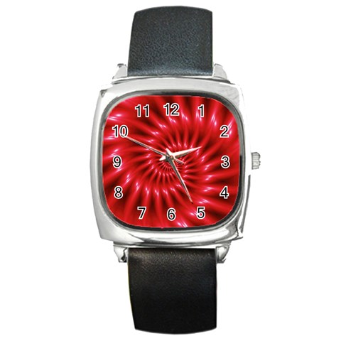 Glossy Red Spiral Fractal Square Metal Watch from ArtsNow.com Front