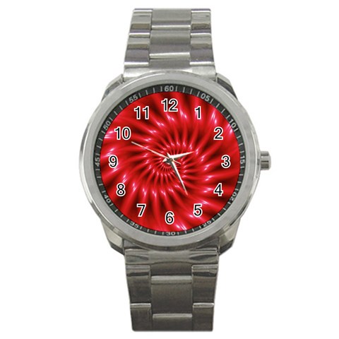 Glossy Red Spiral Fractal Sport Metal Watch from ArtsNow.com Front