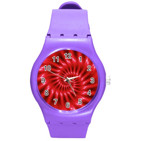 Glossy Red Spiral Fractal Round Plastic Sport Watch (M) from ArtsNow.com Front