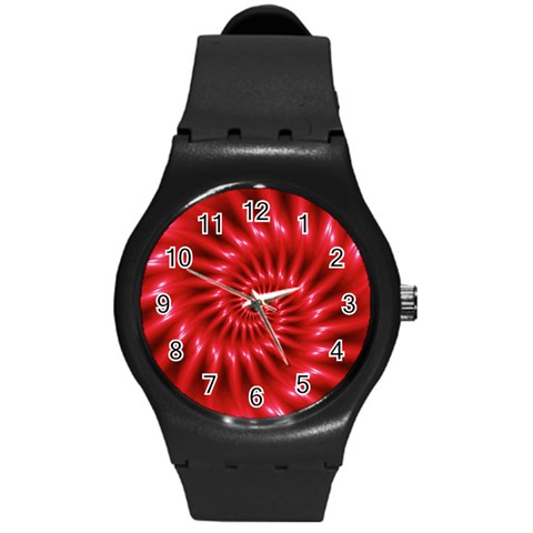 Glossy Red Spiral Fractal Round Plastic Sport Watch (M) from ArtsNow.com Front