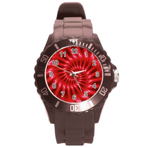 Glossy Red Spiral Fractal Round Plastic Sport Watch (L) from ArtsNow.com Front