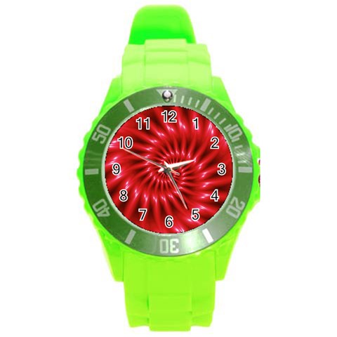 Glossy Red Spiral Fractal Round Plastic Sport Watch (L) from ArtsNow.com Front