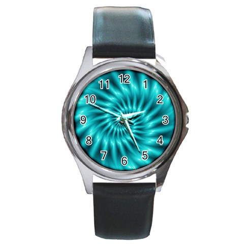 Glossy Turquoise Spiral Fractal  Round Metal Watch from ArtsNow.com Front