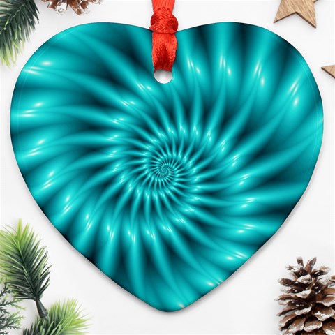 Glossy Turquoise Spiral Fractal  Ornament (Heart) from ArtsNow.com Front