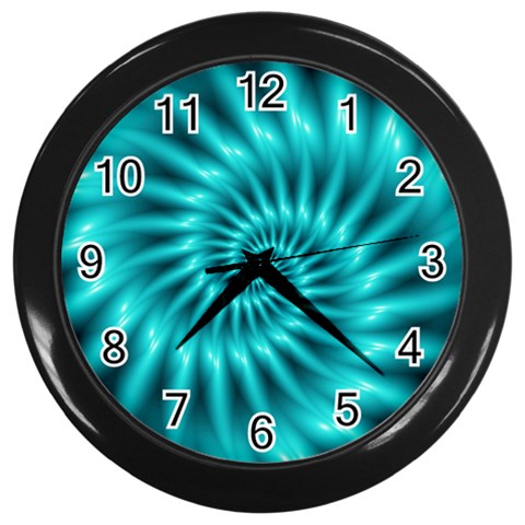 Glossy Turquoise Spiral Fractal  Wall Clock (Black) from ArtsNow.com Front