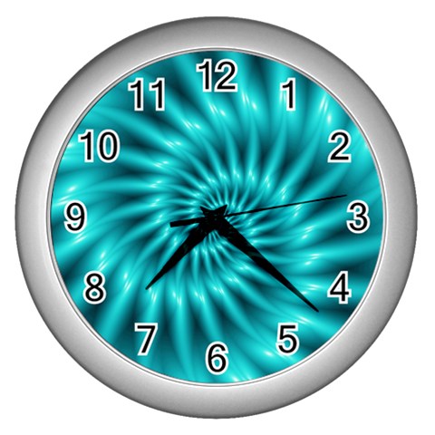 Glossy Turquoise Spiral Fractal  Wall Clock (Silver) from ArtsNow.com Front