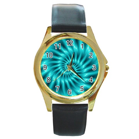 Glossy Turquoise Spiral Fractal  Round Gold Metal Watch from ArtsNow.com Front