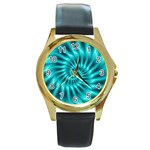 Glossy Turquoise Spiral Fractal  Round Gold Metal Watch