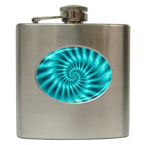 Glossy Turquoise Spiral Fractal  Hip Flask (6 oz) from ArtsNow.com Front