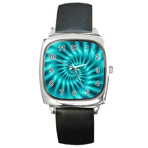 Glossy Turquoise Spiral Fractal  Square Metal Watch from ArtsNow.com Front