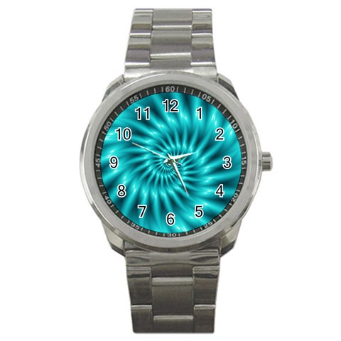 Glossy Turquoise Spiral Fractal  Sport Metal Watch from ArtsNow.com Front