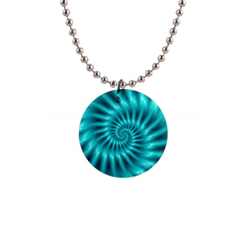 Glossy Turquoise Spiral Fractal  1  Button Necklace from ArtsNow.com Front